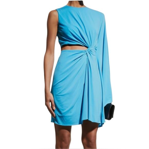 Halston Mini Dress Cutout Drape Sleeve Light Blue Size 10 Elegant Cocktail - Picture 4 of 7